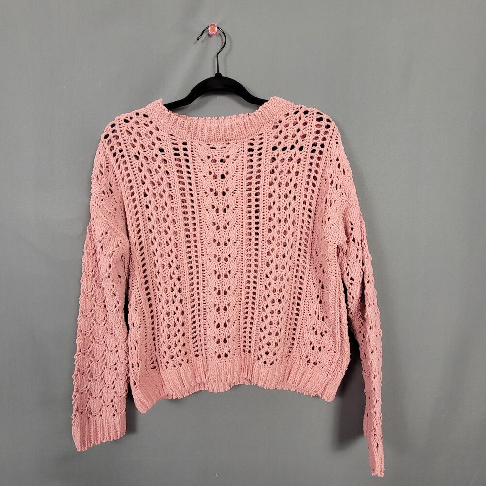 Open Cable Knit Lace Sweater Heavy Textured Blush Pink Cropped Pullover